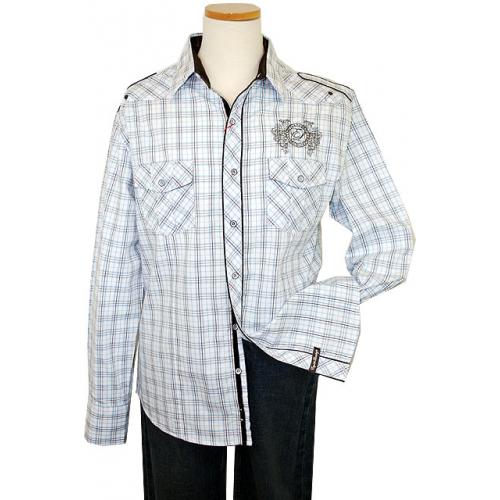 English Laundry White/Brown/Sky Blue Plaid With Grey Embroidered "English Laundry Emblem" Design Long Sleeves 100% Cotton Shirt ELW1038